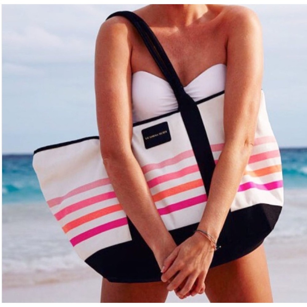 Victoria's Secret Large Canvas Tote Bag Pink Red Stripe Black Cream Shopper